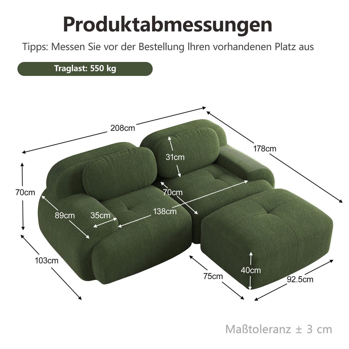 ECKSOFA DE-34025 modular mit gebogenen Armlehnen Grün - Grün, Textil (178/208cm) - ComfortXL