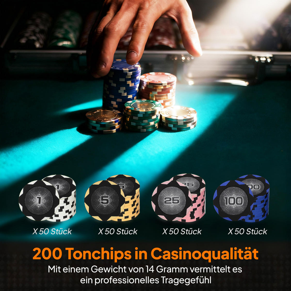 POKERCHIPS-SET DE-10860 200 Chips mit Koffer & 2 Kartendecks Silber - Silberfarben, Metall (22.5/29.5cm) - ComfortXL