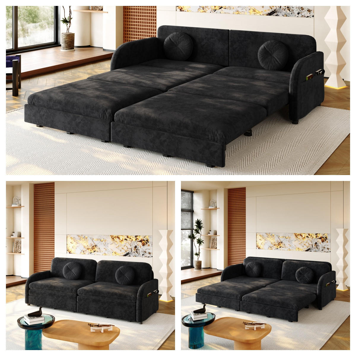 SCHLAFSOFA 3-in-1 ausziehbar 206 cm mit Stautaschen, DE-42862, Schwarz - Schwarz, Metall (206/90/84cm) - ComfortXL