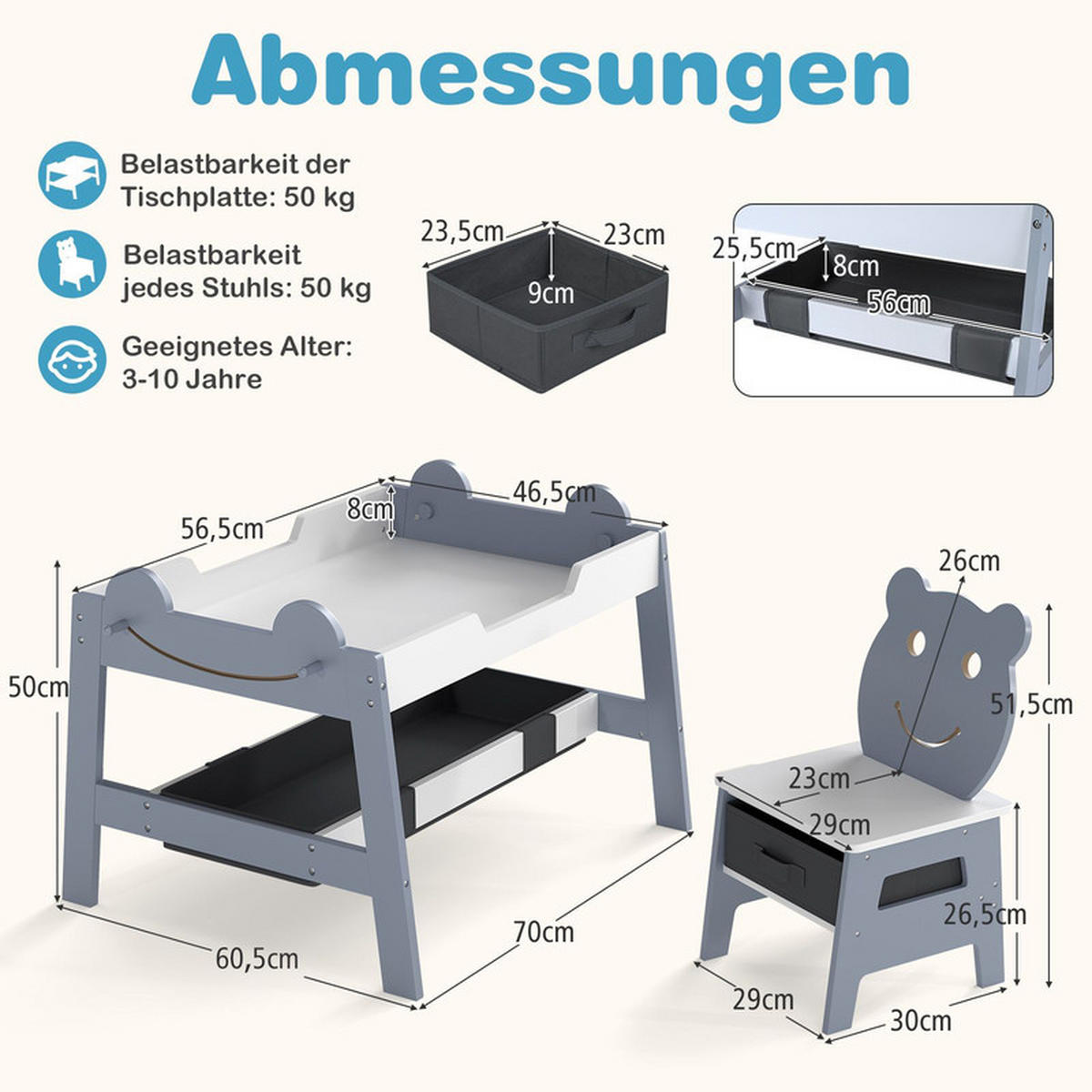 KINDERTISCH mit stuhl grau(3-tlg) - Grau, Holzwerkstoff (70/50/60.5cm) - COSTWAY