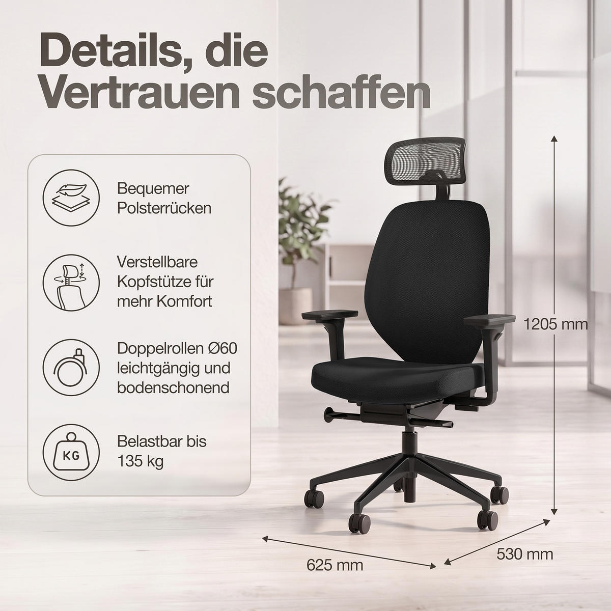 DREHSTUHL Ergonomischer Bürostuhl Atessa mit Polsterrücken und Kopfstütze / Mit Kopfstütze Schwarz Ergonomischer Polsterrücken - Schwarz, Textil (62.5/120.5/45cm) - ASSMANN