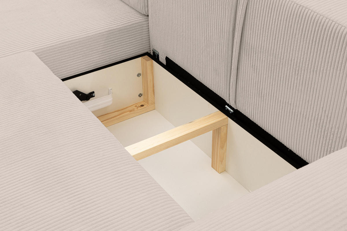 ECKSOFA Dream Cord in L-Form mit Schlaffunktion und Bettkasten, Farbe: Beige, Cordstoff, Ottomane Links - Beige, Textil (136/260cm) - VENASI MÖBEL