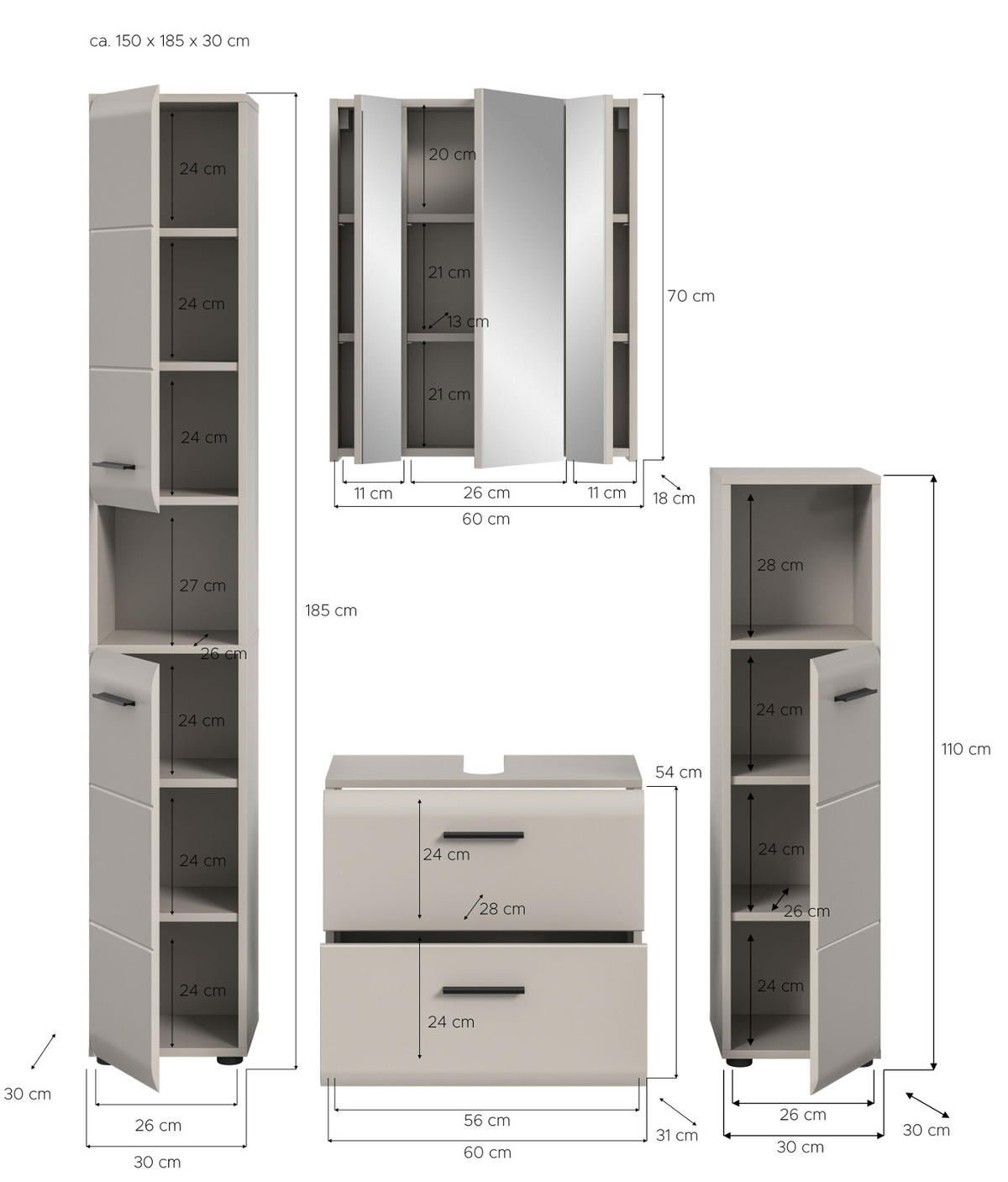 BADMÖBEL-SET Kaschmir 150 cm 4-teilig, Badezimmer Schränke mit viel Stauraum - Kaschmir/Schwarz, Glas/Holzwerkstoff (150/185/30cm) - Inn.Furn