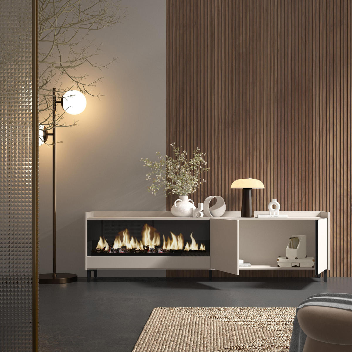 LOWBOARD, Beige, 212/35/61cm, Kamin mit Feuereffekt XXL - Beige, Holzwerkstoff (212/61/35cm) - Skraut Home