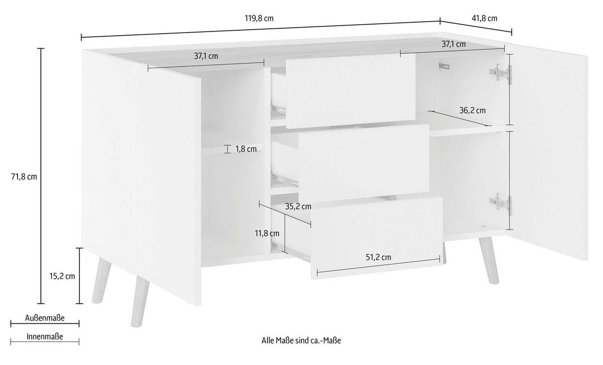 KOMMODE Scandi platingrau / Jackson Hickory 120 / 42 / 78cm - Eichefarben/Grau, Holz/Holzwerkstoff (120/78/42cm) - Feldmann-Wohnen