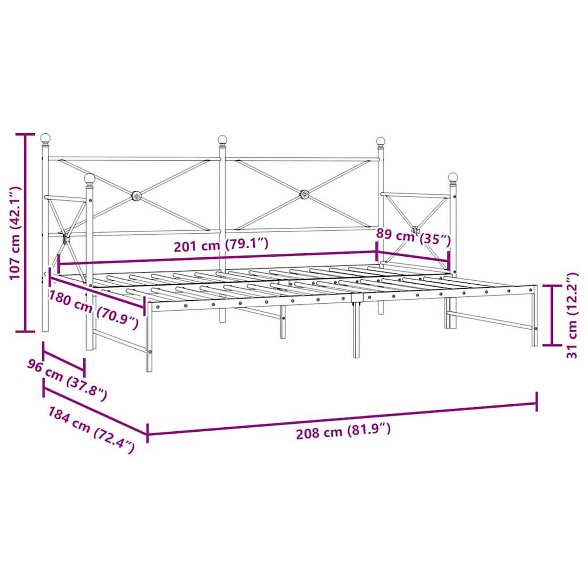 TAGESBETT Ausziehbar Ohne Matratze Schwarz 90/200 Cm Stahl - Schwarz, Metall (90/200cm) - vidaXL