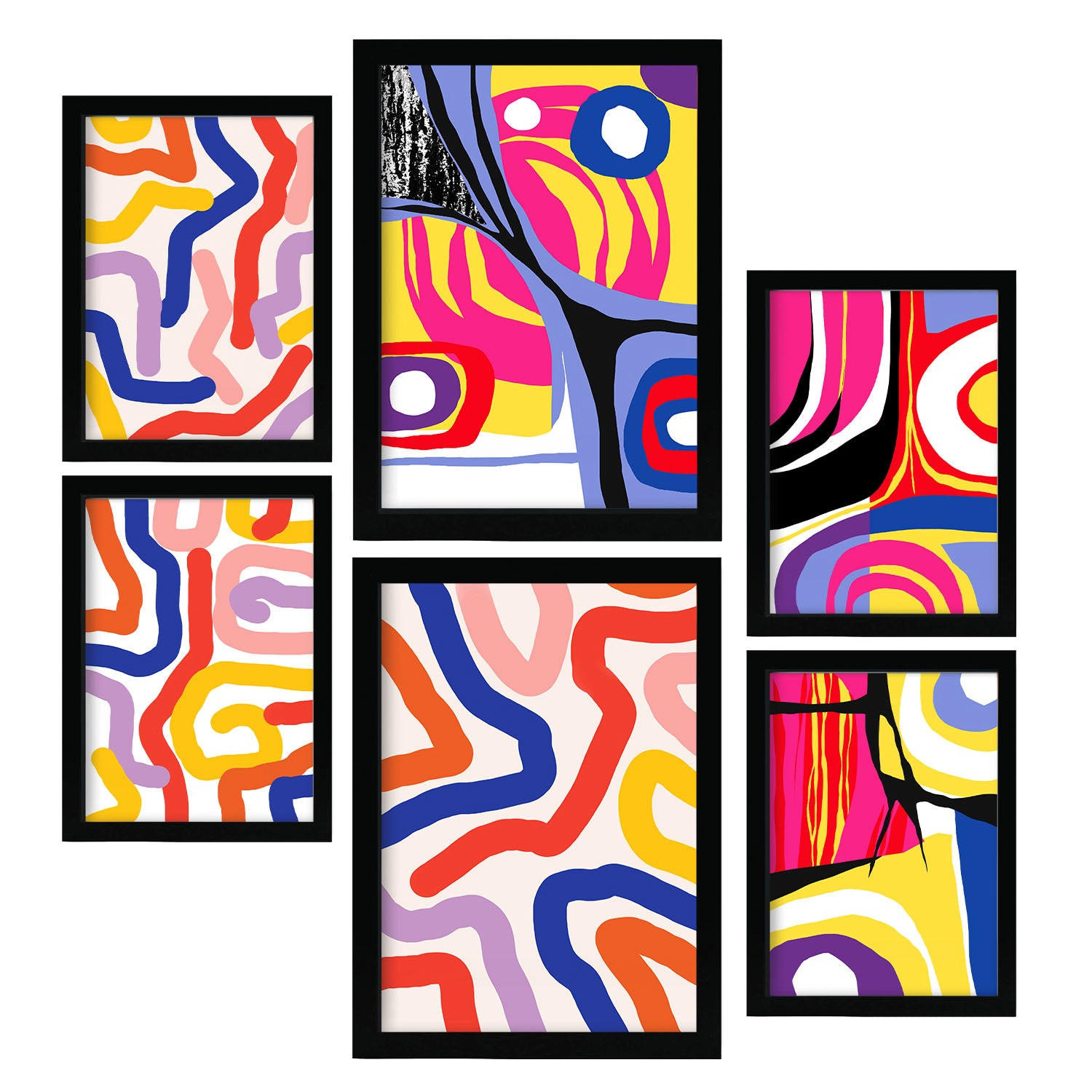 POSTER Set Mit 6 Lebendige Formen In Farbenfrohe Zusammenfassungen A3 & A4 Schwarzer Rahmen - Schwarz, Papier (29/3cm) - Nacnic