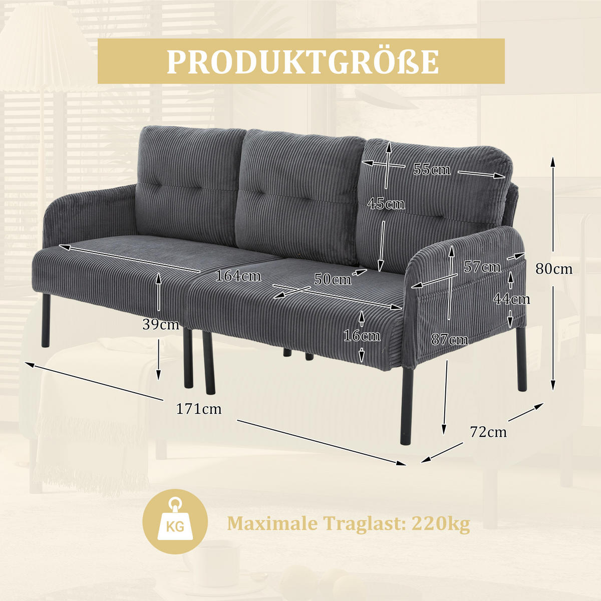 3-SITZER Sofa mit Seitentaschen, Metallgestell & Leinenstoff, 171cm, Grau - Schwarz/Grau, Textil/Metall (171/80/72cm) - LVHOM