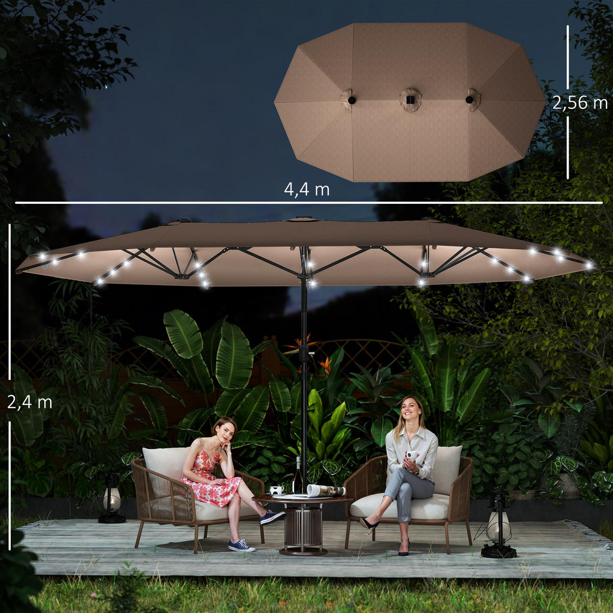 SONNENSCHIRM mit LED Doppelsonnenschirm 443 x 260 cm Gartenschirm Oval Khaki - Braun, Kunststoff/Metall (443/260cm) - Outsunny