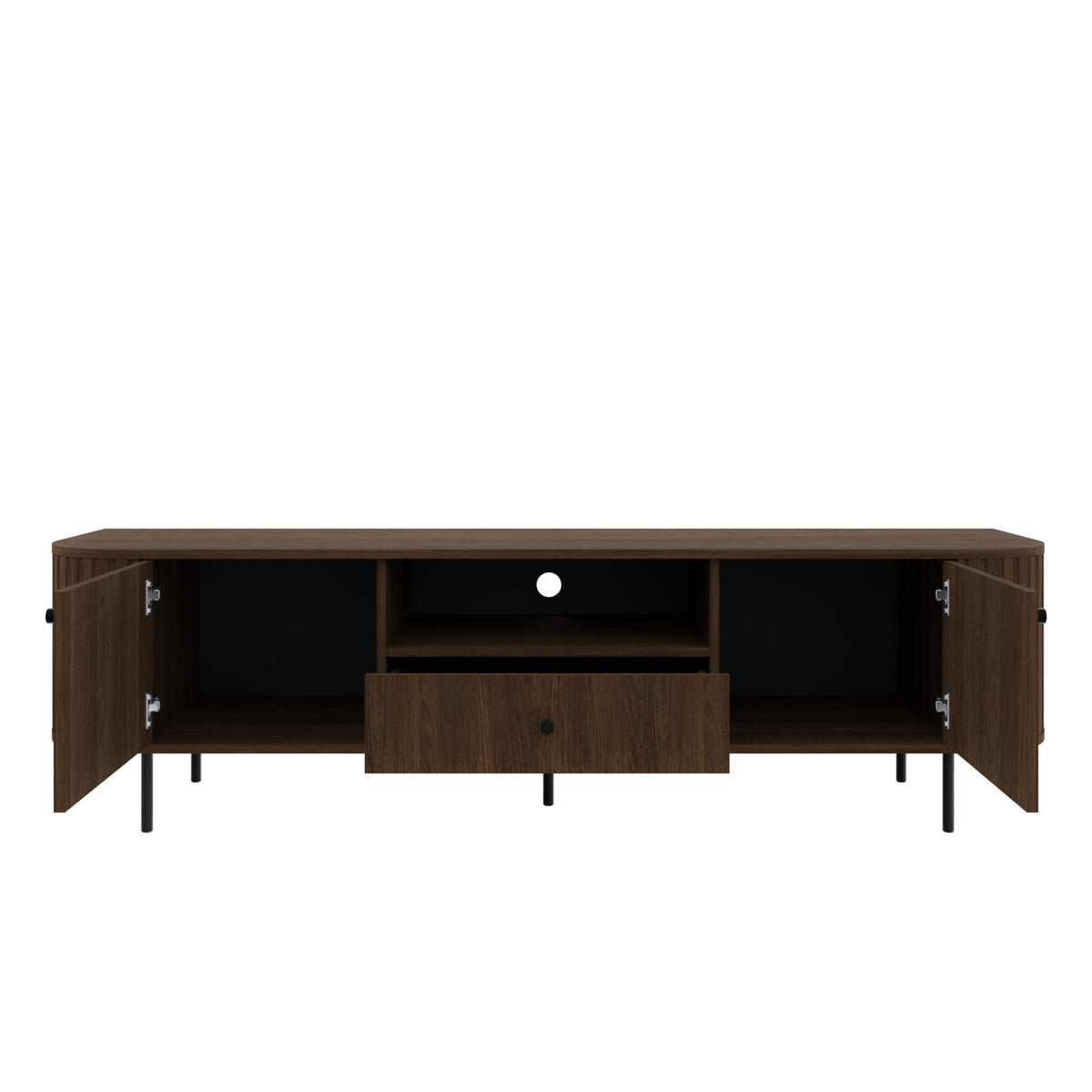 TV-SCHRANK Olivia 180 cm, mit 2 Türen, Schublade, geriffeltem Design, dunkelbraun, schwarzfarbenen Metallfüßen - Dunkelbraun, Metall (180/50/43cm) - Margaret Hadas24