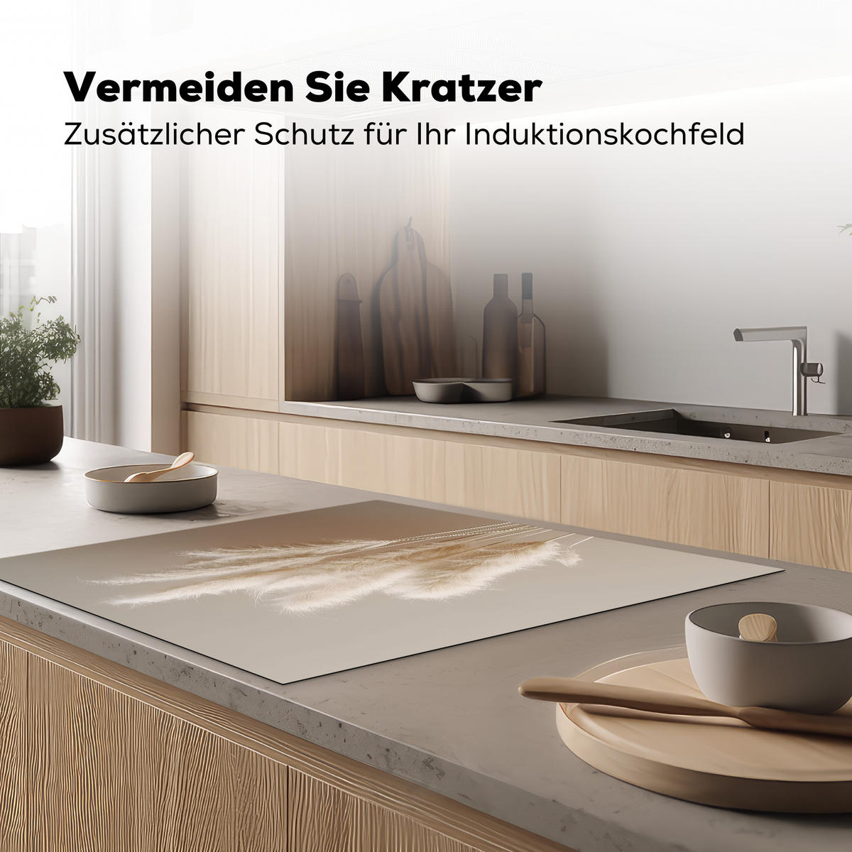 HERDABDECKPLATTE Pampasgras - Federn - Pastell - Weiß Induktionsmatte 78x78 cm - Creme, Kunststoff (78/78/0.2cm) - MuchoWow