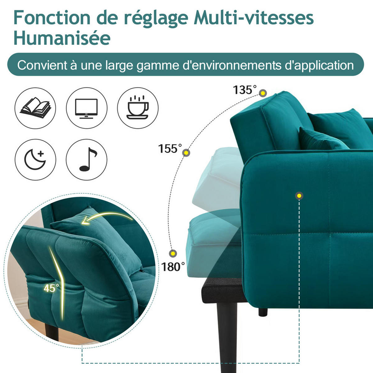 SOFA 2in1 Verstellbar Schlaffunktion Samtbezug Klappbare Armlehnen Kleinraum - Grün, Holz (92.08/19.05/80.01cm) - FLIEKS
