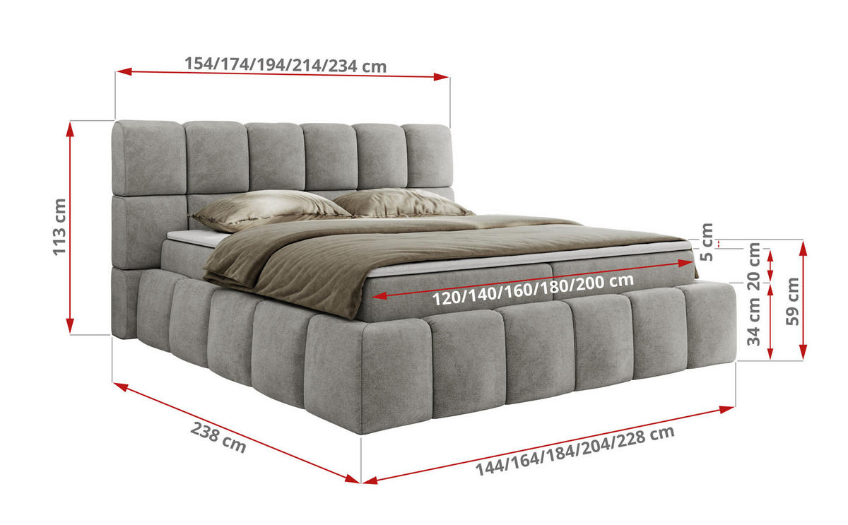 BOXBETT NIRA 140/200 - Hellgrau Strukture - H4 - Hellgrau, Holz/Textil (140/200cm) - MKS