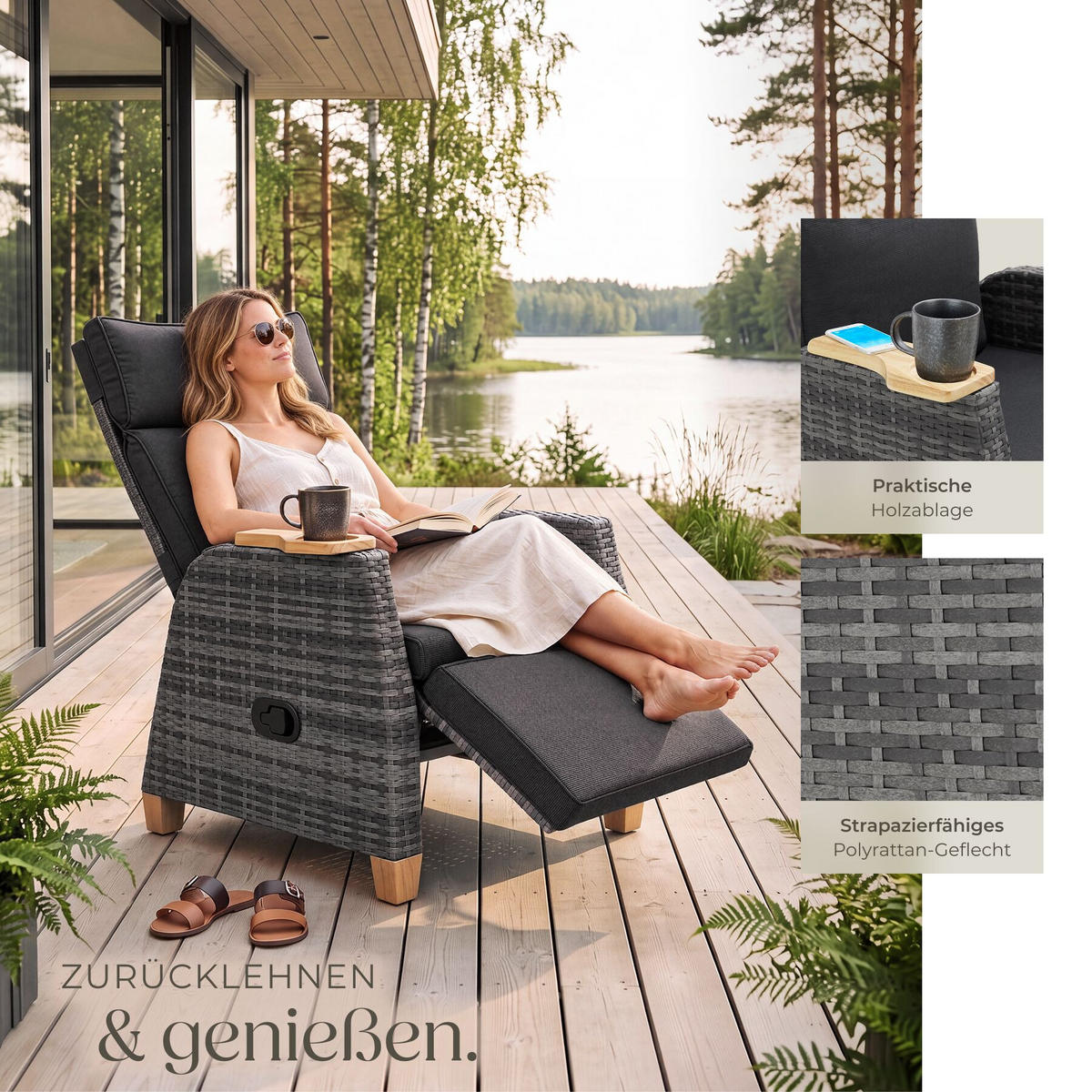 RATTANSESSEL Pescara, verstellbare Lehne, Aluminiumgestell grau, 68,5 x 67-128 x 87-104 cm, wetterfester Bezug, 150 kg belastbar - Grau, Kunststoff (68.5/106/129cm) - tectake