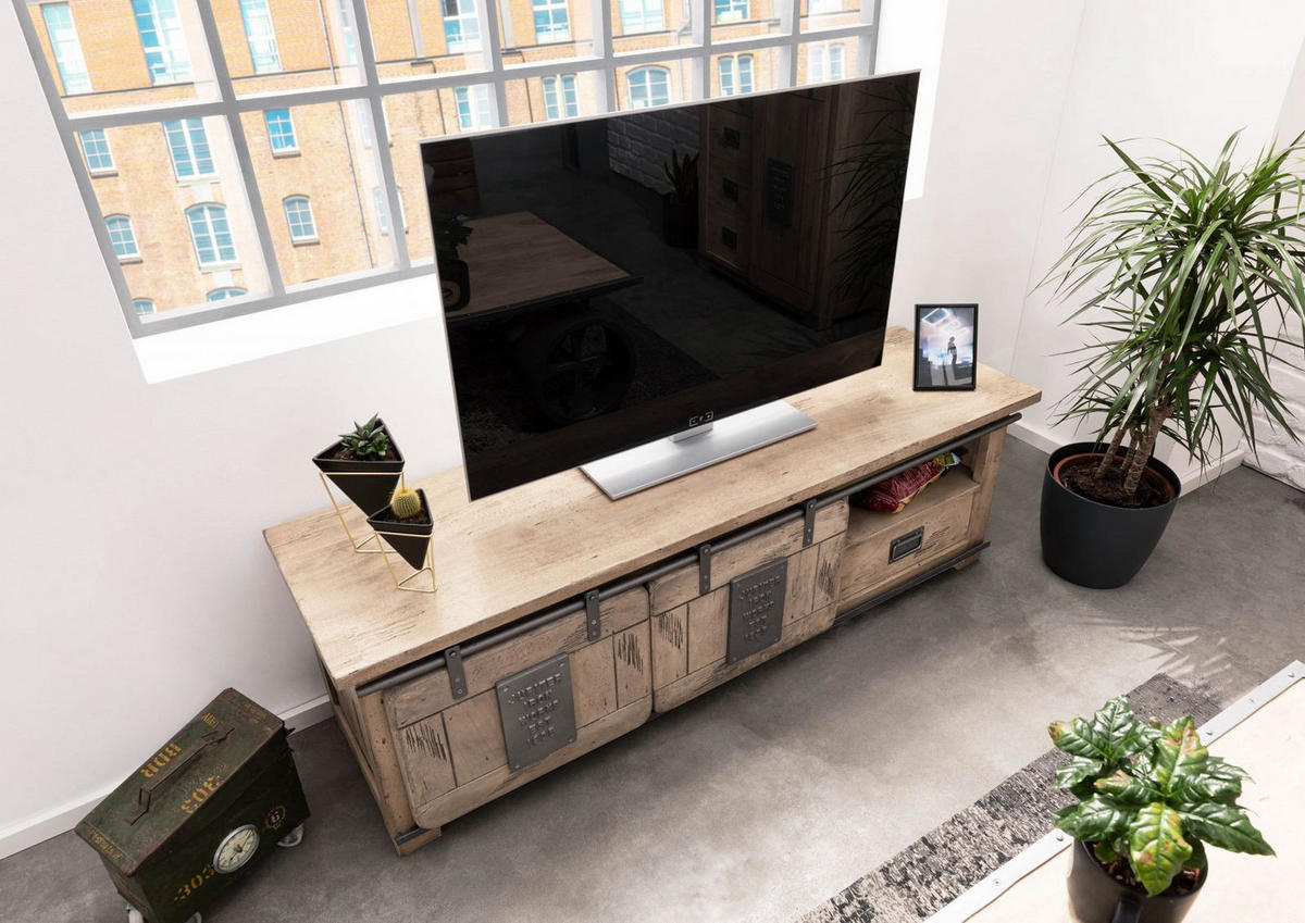 TV-BOARD Mango 160x45x50 whitewash lackiert RAILWAY #301 - Beige, Holz (160/50/45cm) - Massivmoebel24
