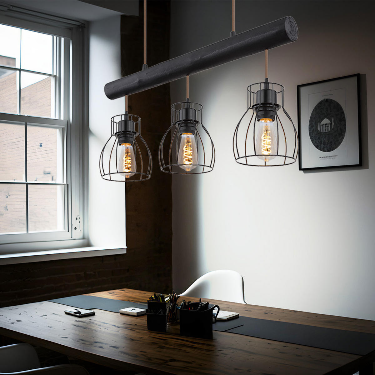 PENDELLAMPE Holz Schwarz Metallgitter - Schwarz, Holz (60/13.6/140cm) - Globo Lighting