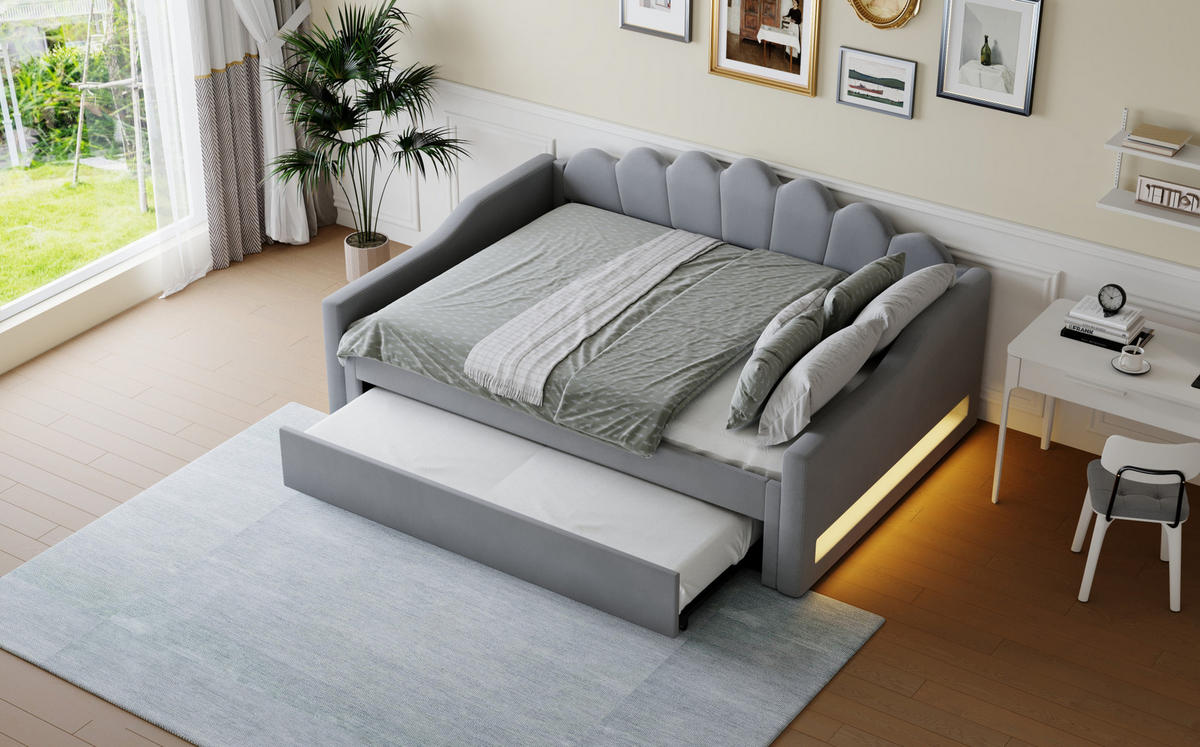 POLSTERBETT 140/200 cm Grau aus MDF mit Ausziehbett - Grau, Holzwerkstoff (140/200cm) - OKMYHOME