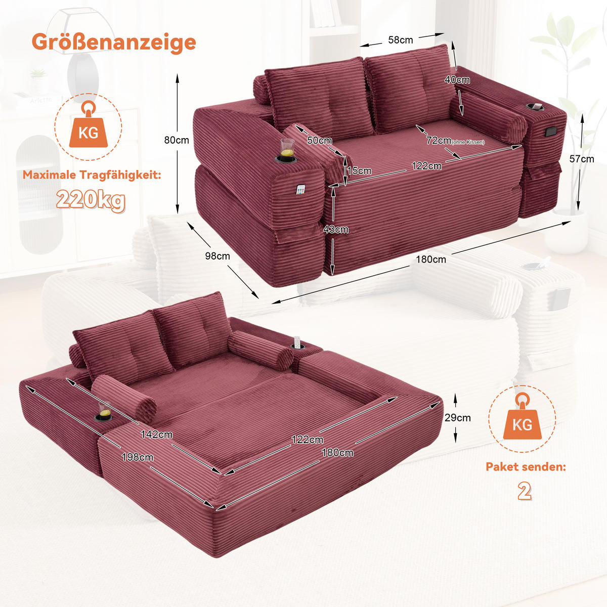SCHLAFSOFA mit Klappfunktion, Memory-Kissen und Getränkehalter aus Cord - Weinrot, Textil (180/80/98cm) - EVRYAE