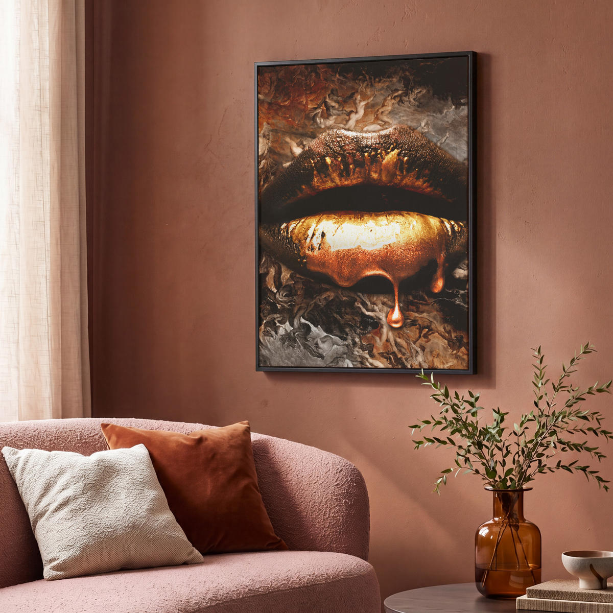 LEINWAND Bilder mit Rahmen - Gold - Lippen - Kunst - Gold - Luxus - Abstrakt - 70x100 - Kupferfarben, Textil (70/100cm) - MuchoWow