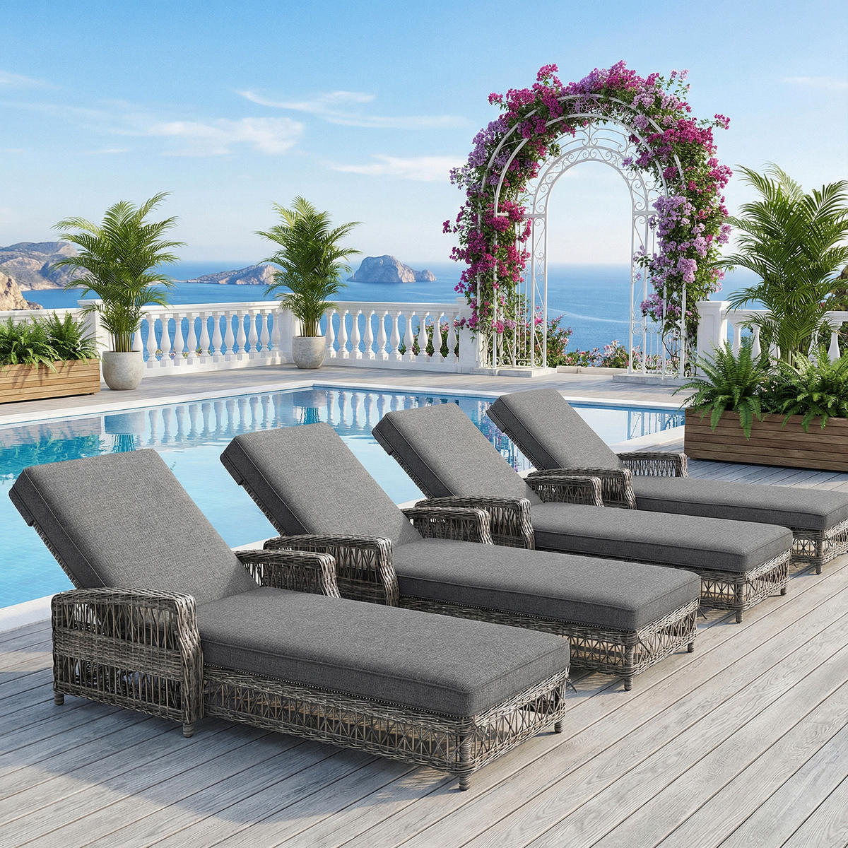 SONNENLIEGE Rattan Grau 4 Set verstellbar Kissen wetterfest - Grau, Metall (114/83/384cm) - FLIEKS