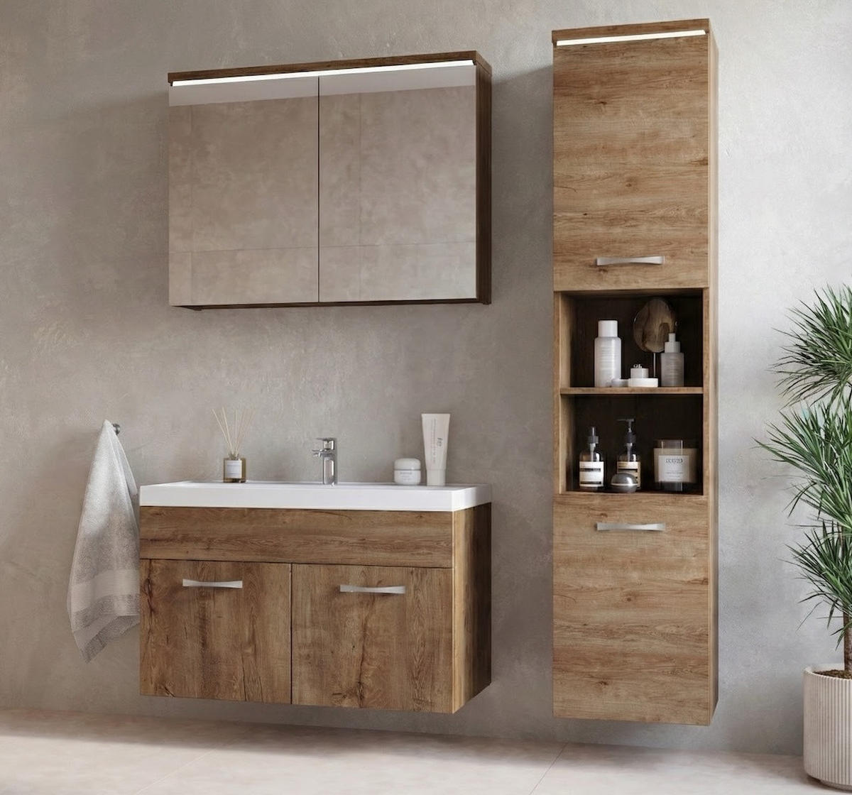 BADMÖBEL-SET Paso LED 4 Teile Braun Eiche - 80 x 35 x 55 cm - Eichefarben/Braun, Holz (80/55/40cm) - Badplaats