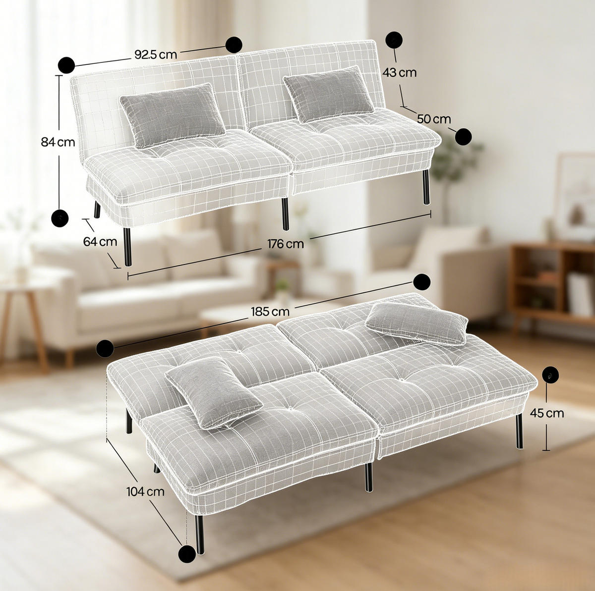 SCHLAFSOFA 2-Sitzer mit verstellbarer Rückenlehne 176 x 64 x 84 cm Hellgrau - Hellgrau, Metall (176/84/64cm) - Meubliv