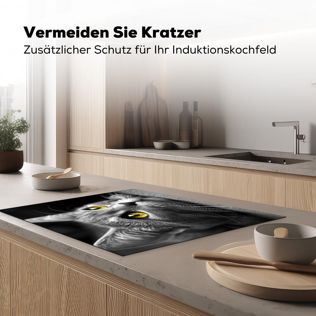 HERDABDECKPLATTE Katze - Grau - Tiere - Katze Induktionsmatte 77x59 cm - Grau, Kunststoff (77/59/0.2cm) - MuchoWow