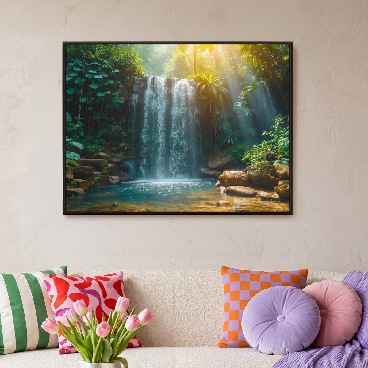 LEINWAND Bilder mit Rahmen - Wasserfall - Dschungel - Sonne - Grün - Natur - 100x70 - Grün, Textil (100/70cm) - MuchoWow