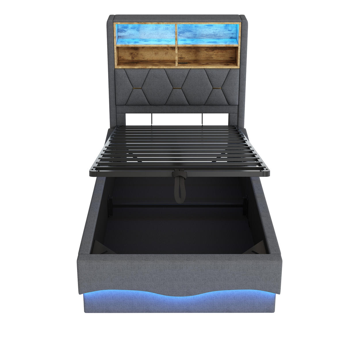 POLSTERBETT aus Leinen und Metall 90x200 cm in Grau mit LED, USB und Stauraum - Grau, Textil (90/200cm) - Modfu