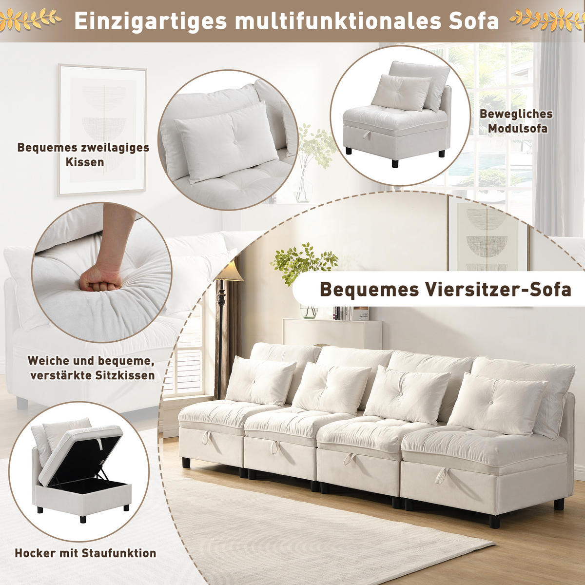 SOFA 4-Sitzer Chenille mit Stauraum und Schlaffunktion Beige 274/76/87 cm - Beige, Textil (274/87/76cm) - Redom