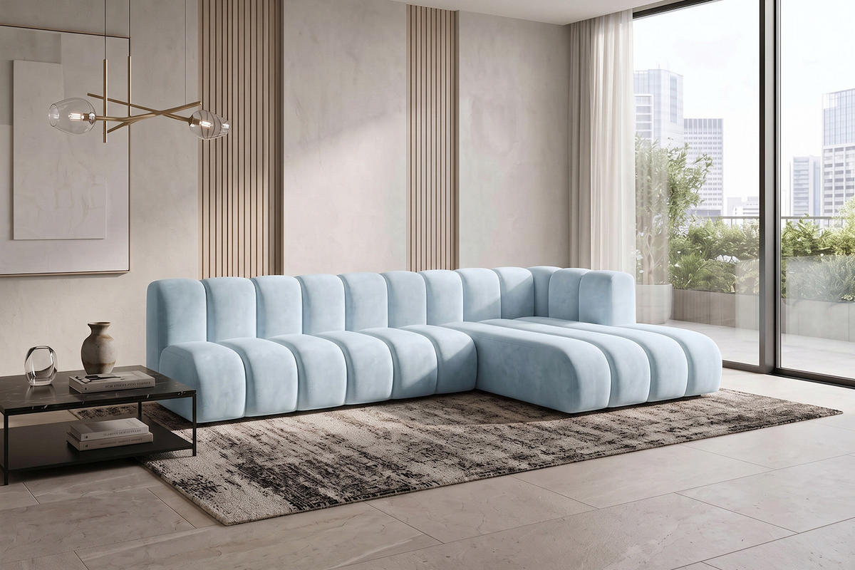 ECKSOFA Modulares In L-Form, Velvet-Stoff Riviera, Babyblau, Rechts, GRAND 295 cm - Hellblau, Holz (295/179cm) - Kaiser Möbel