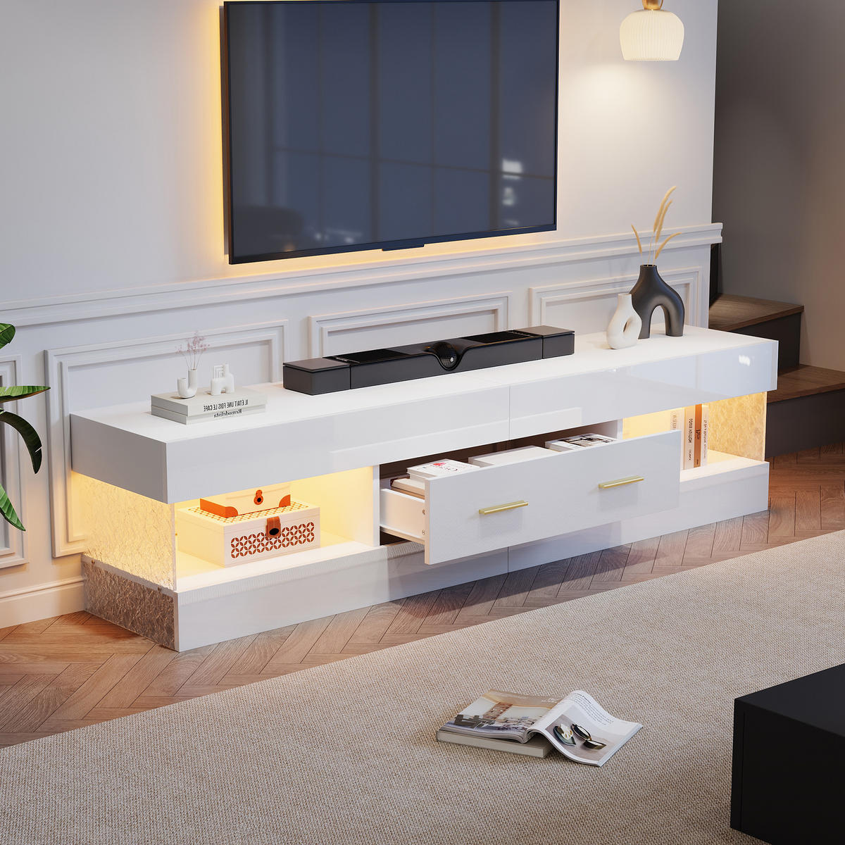 TV-ELEMENT152X35X40CM Weiß Lowboard mit App-gesteuerter LED-Beleuchtung - Weiß, Holz (46.71/18.21/89cm) - Raelunyi