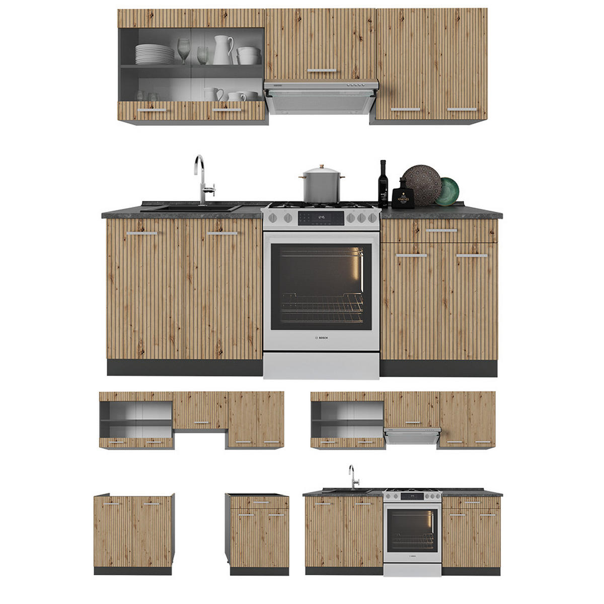 KÜCHENZEILE R-Line Artisan Eiche/Anthrazit 200 cm AP Marmor - Anthrazit/Eiche Artisan, Holzwerkstoff (200/81.6/60cm) - Vicco