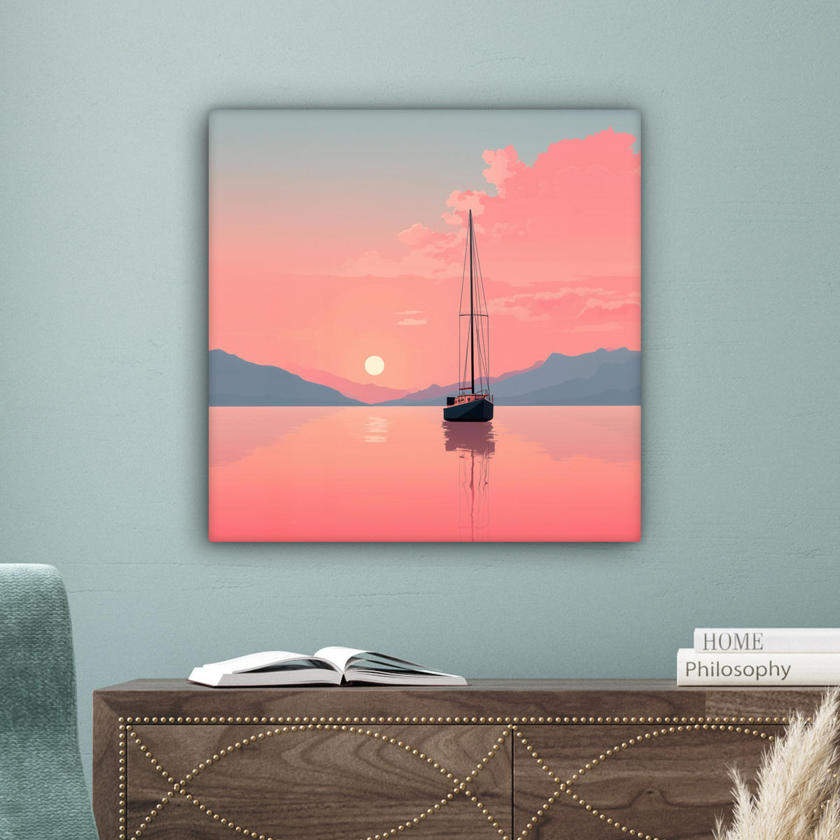 LEINWANDBILD Segelboot - Rosa Meer - Sonnenuntergang - Berge Wandbild Wohnzimmer 50x50 cm - Rosa, Textil (50/50cm) - MuchoWow