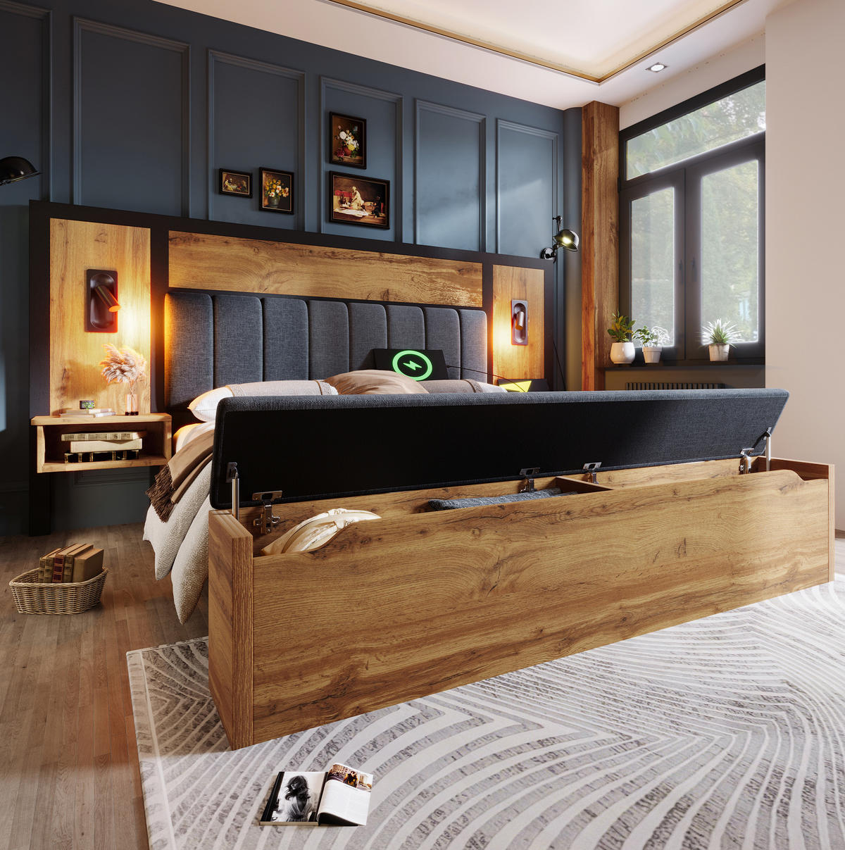 POLSTERBETT 160/200 cm Eiche aus Metall und Holz mit Matratze - Eichefarben, Metall (160/200cm) - OKWISH