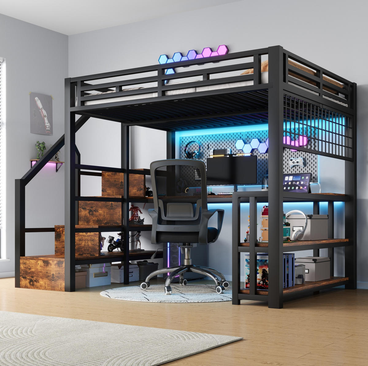 VYSOKÁ posteľ 140/200 cm čierna z kovu a MDF s písacím stolom LED osvetlením a úložnými schodmi - čierna, kov (140/200cm) - OKWISH