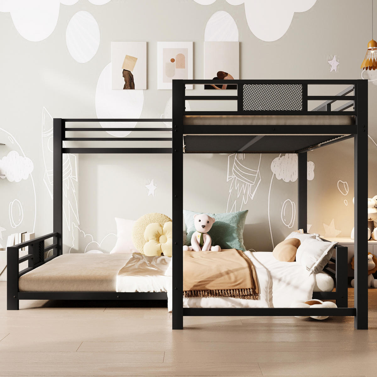 ETAGENBETT aus Metall 90x200/140x200 cm Schwarz in L-Form mit Schutzgittern und platzsparendem Design - Schwarz, Metall (140/200cm) - Modfu
