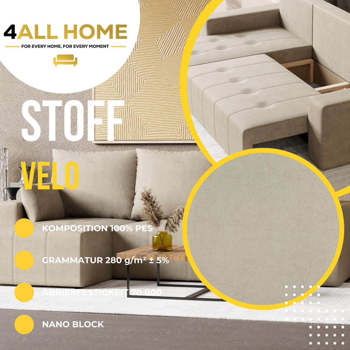 ECKSOFA Tico mit Bettkasten und Schlaffunktion, L-Form/XL-Form, Velourstoff, Universal - Beige, Holzwerkstoff (246/145cm) - 4ALL HOME