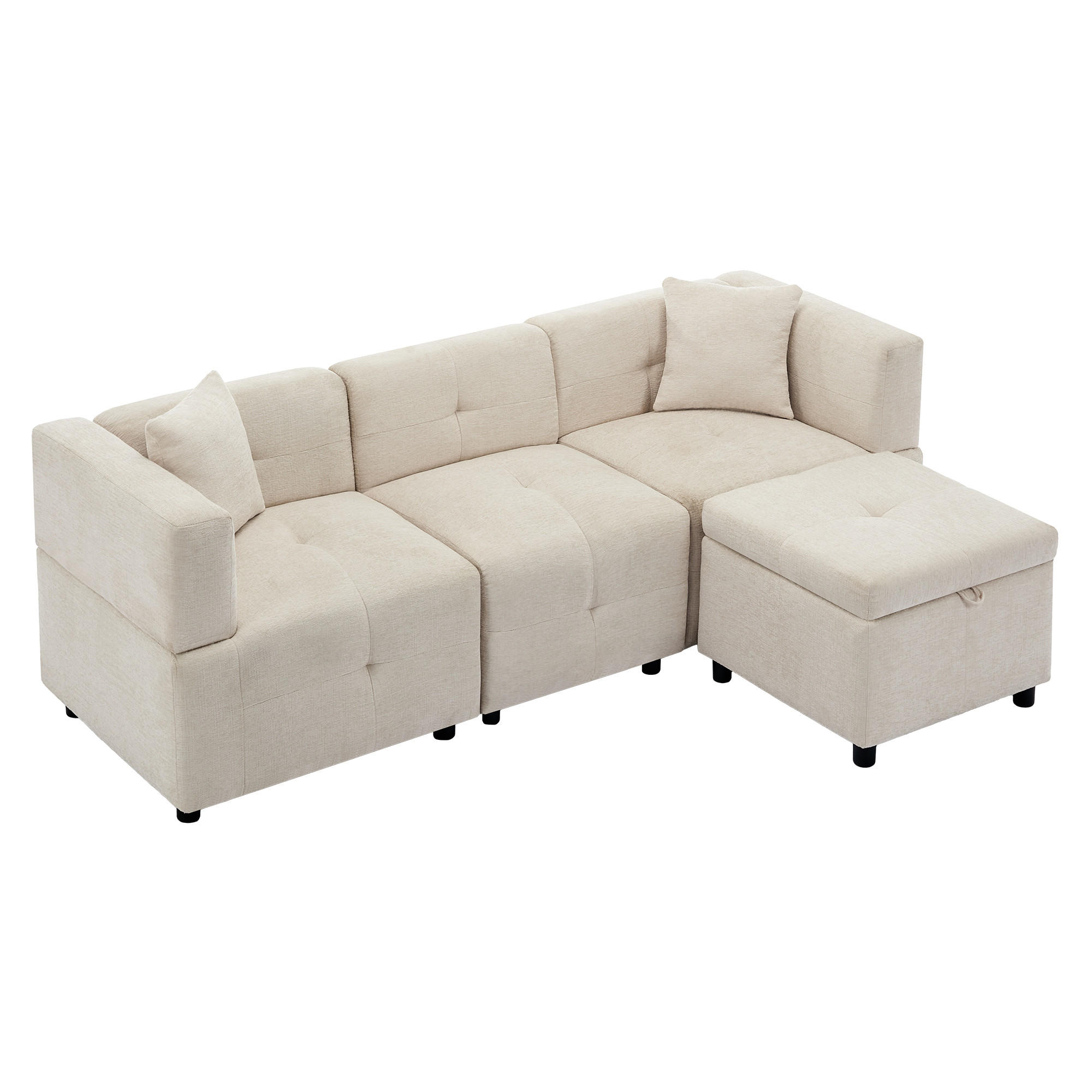 3-SITZER Ecksofa Chenille mit Stauraum-Fußhocker und 2 Kissen 204/126/69 cm Beige - Beige, Kunststoff/Textil (126/204cm) - Redom