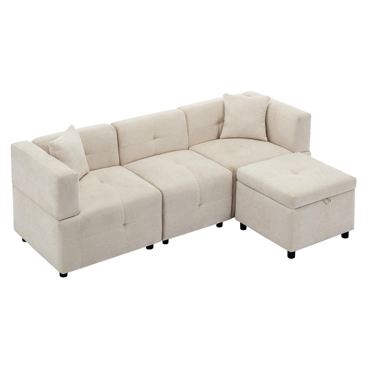 3-SITZER Ecksofa Chenille mit Stauraum-Fußhocker und 2 Kissen 204/126/69 cm Beige - Beige, Kunststoff/Textil (126/204cm) - Redom