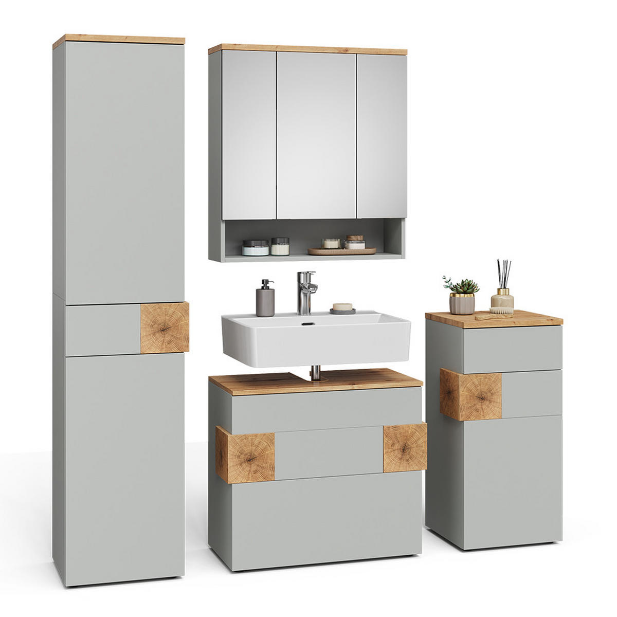 BADMÖBEL-SET Eden Grau/Artisan 4 Teile - Hellgrau/Grau, Holzwerkstoff (70/64.5/37cm) - Vicco