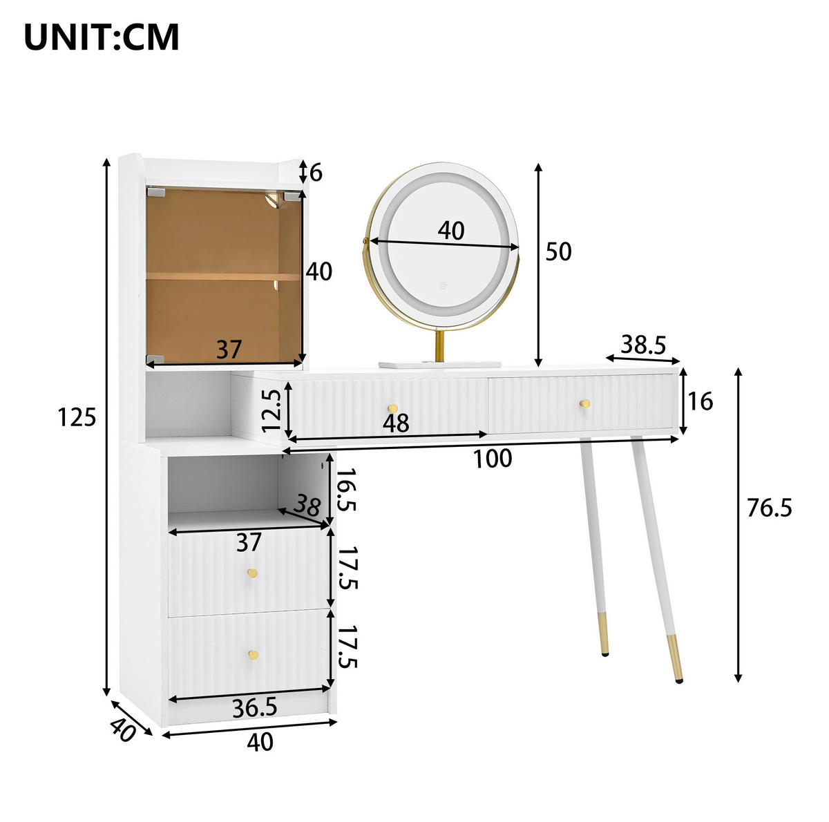 SCHMINKTISCH aus Spanplatte 100x40x125 cm Weiß mit LED-Spiegel, 4 Schubladen und beleuchteter Glasvitrine - Weiß, Holzwerkstoff (100/125/40cm) - Modfu