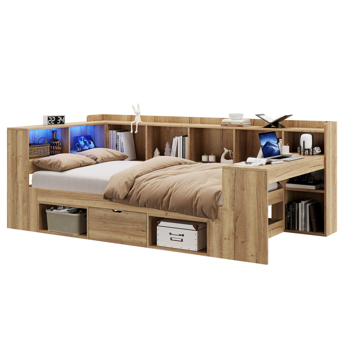 KINDERBETT 90/200 cm natur aus MDF mit LED, USB-C und Schreibtisch - Naturfarben, Holzwerkstoff (90/200cm) - OKWISH