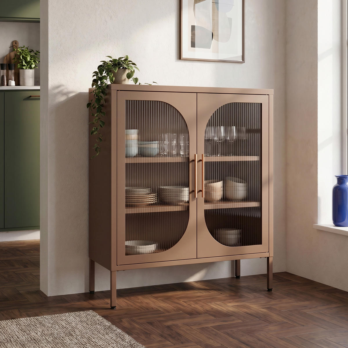 SIDEBOARD LUKA aus Metall und Industrie mit 2 braunen Türen und geriffeltem Glas, 80 cm - Braun, Metall (80/90/35cm) - Sicaan