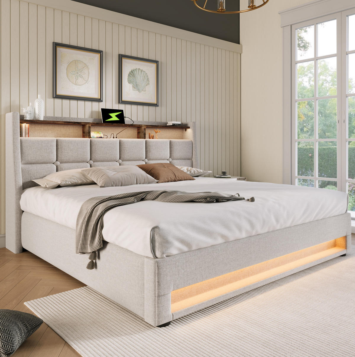 POLSTERBETT mit Stauraum, USB und LED 180x200 cm Beige - Beige, Metall (180/200cm) - Meubliv