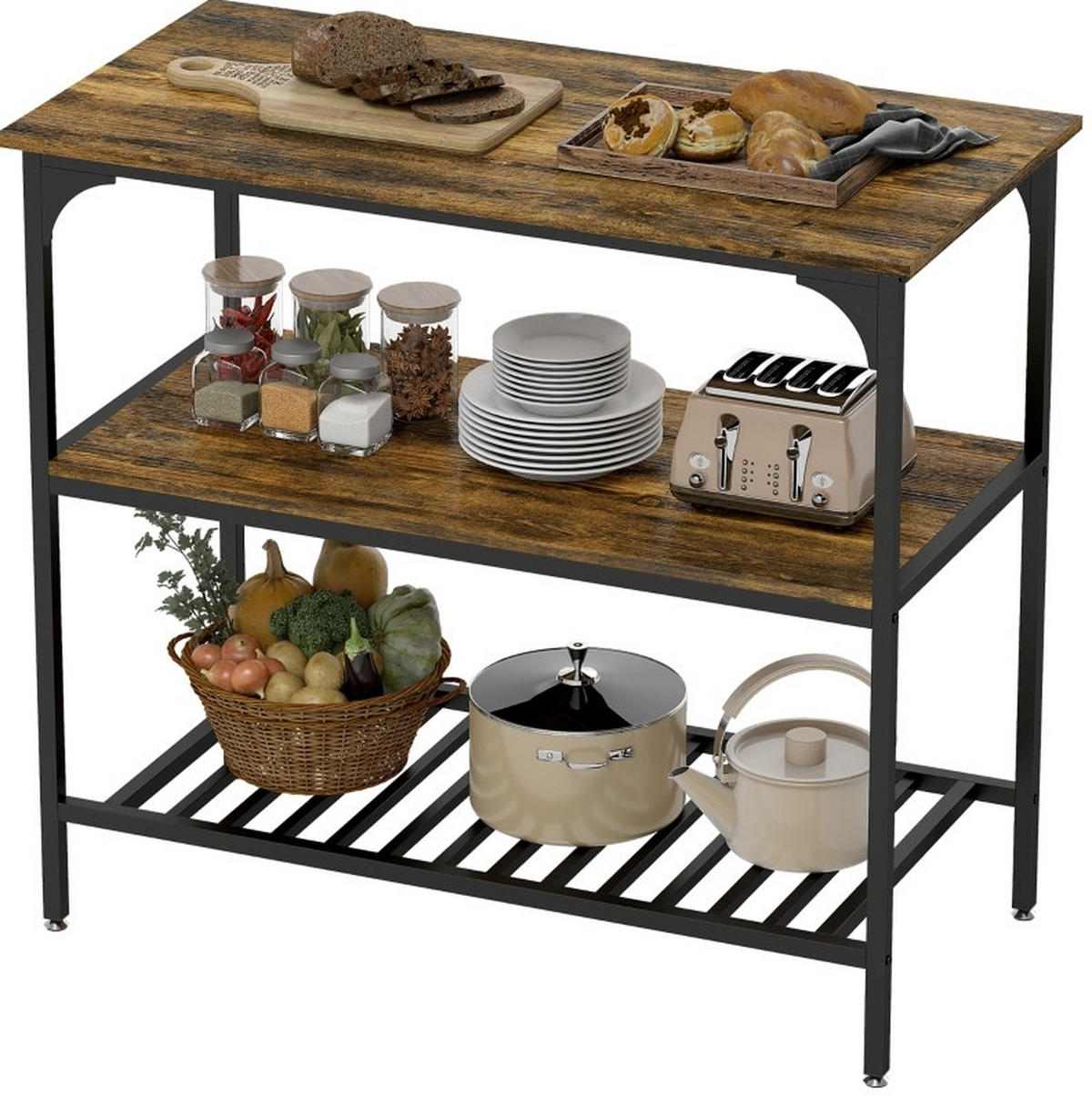 STANDREGAL Küchenregal 100/50/90 cm mit 3 Ebenen in Rustikalbraun und Schwarz - Braun, Holz (100/90/50cm) - BEAOK