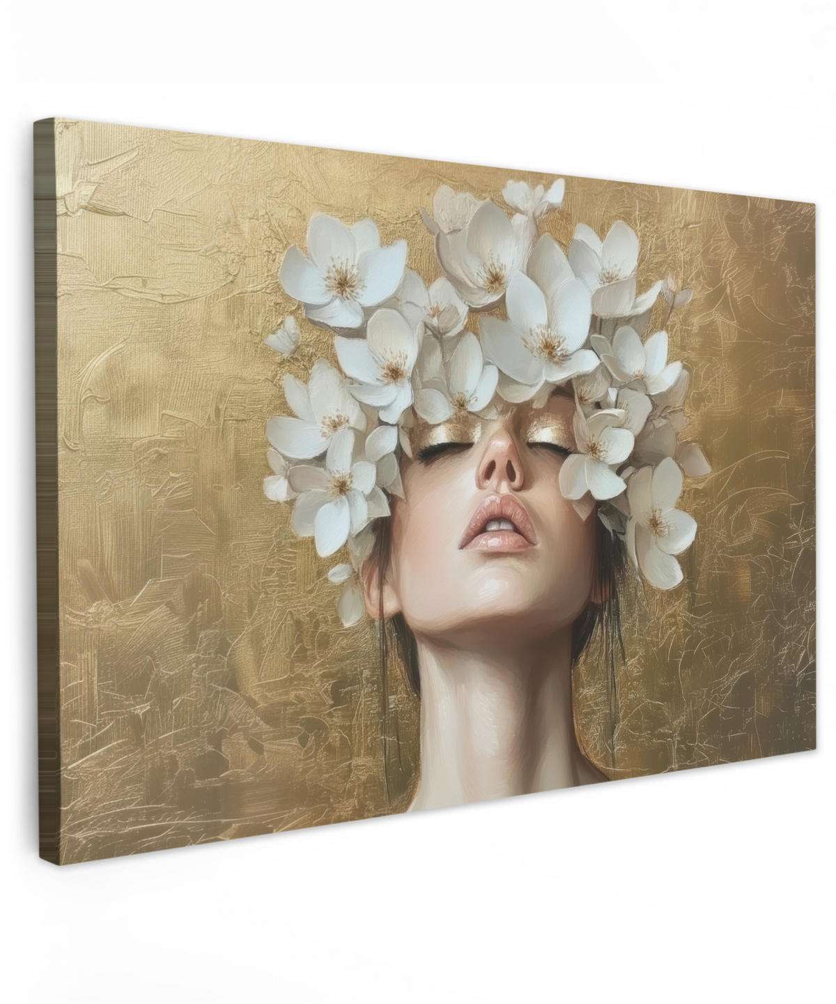 LEINWANDBILD Gesicht - Blumen - Gold - Abstrakt Wohnzimmer Groß 120x80 cm - Goldfarben, Textil (120/80cm) - MuchoWow