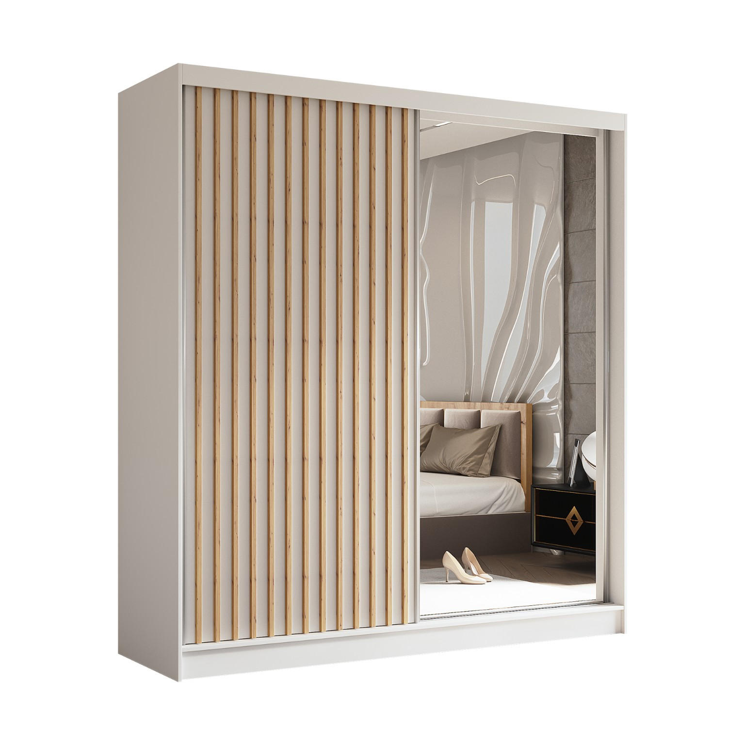 SCHWEBETÜRENSCHRANK Erika 200 cm mit Lamellen und Spiegel 2-türig, weiß, weiß, Lamelle Artisan - Weiß/Eiche Artisan, Kunststoff (200/216/51cm) - Margaret Hadas24