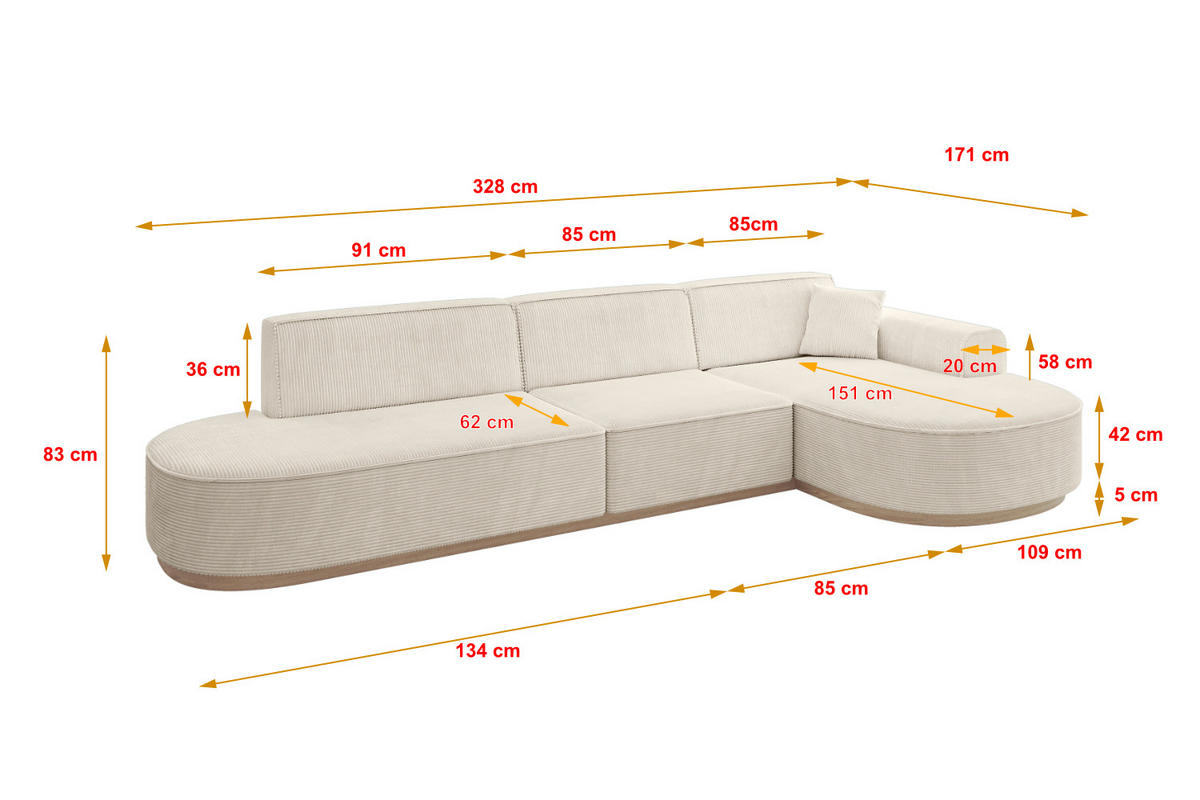 ECKSOFA Ottomane Rechts MARI-L2-v1 - 328x171x83 cm Beige Cord - Beige, Holzwerkstoff/Textil (171/328cm) - ALTDECOR