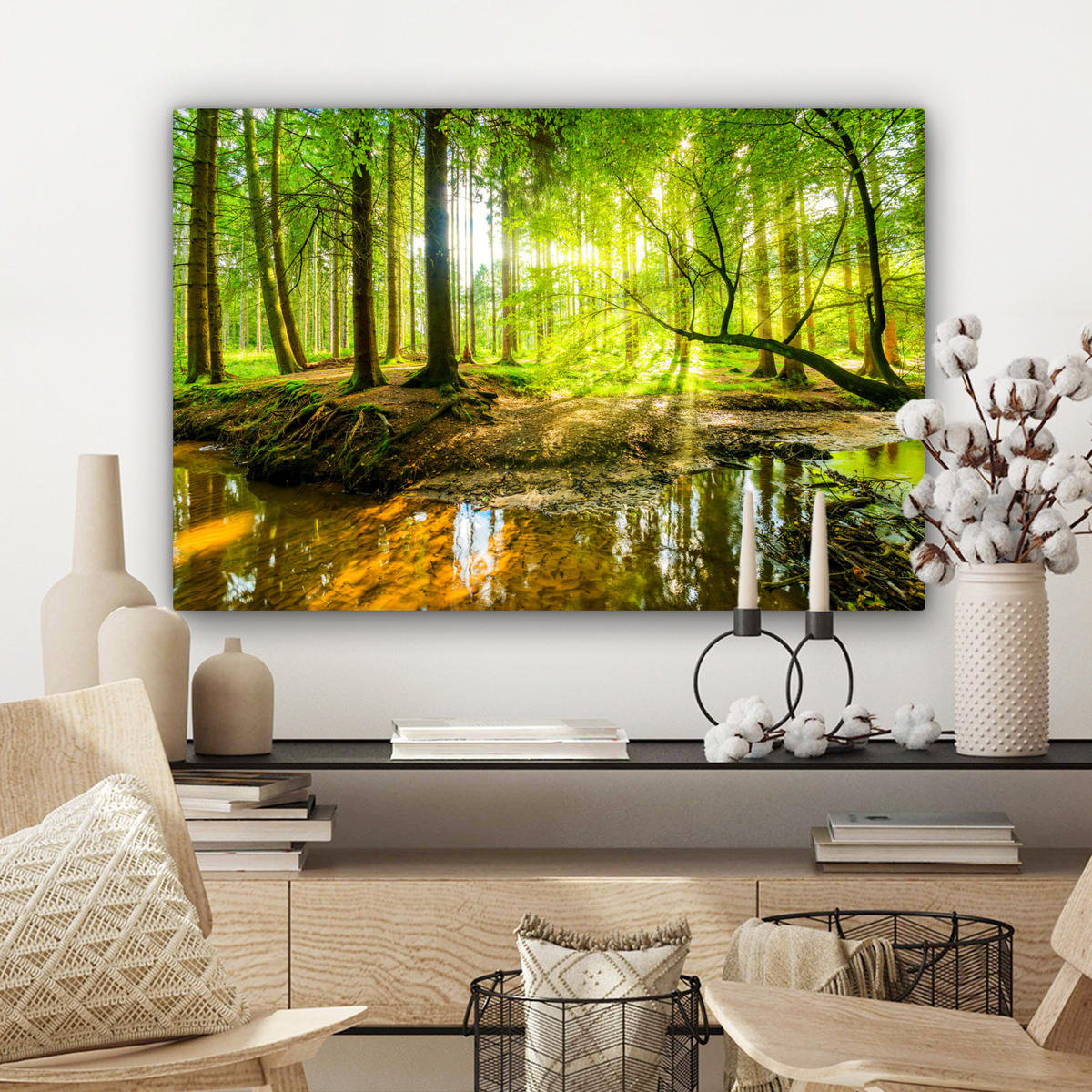 LEINWANDBILD Wald - Landschaft - Wasser - Bäume - Sonne - Grün - Natur Gemälde 60x40 cm - Grün, Textil (60/40cm) - MuchoWow